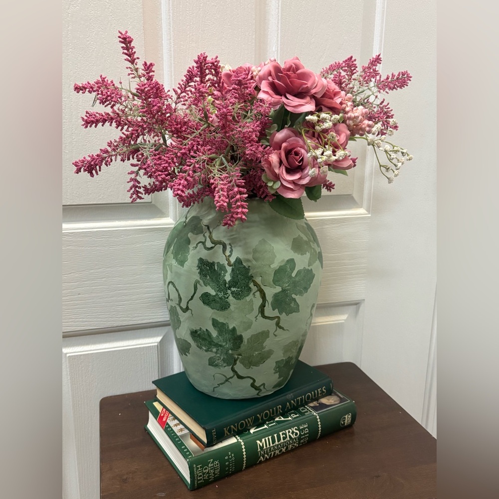 Vintage Green Sage Minty Textured Recycled Materials Paper Mache Accent Vase